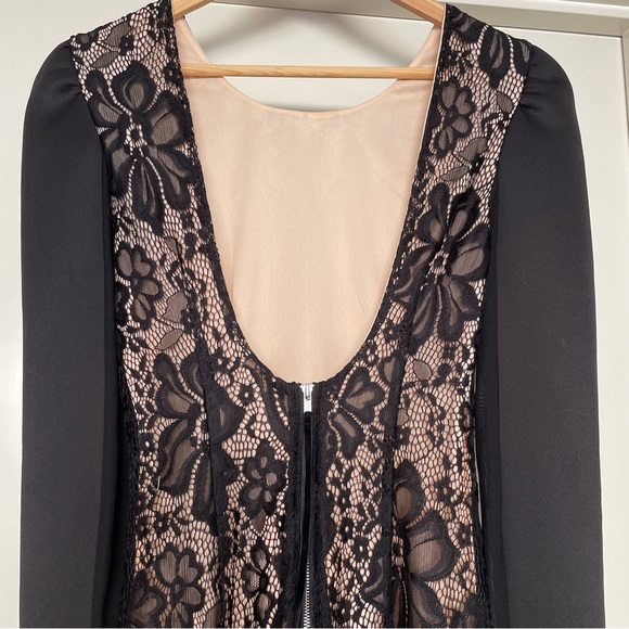 NWOT Lace Bodycon Mini Dress -Elegant Puff shoulders, sheer long sleeves🖤🤍 - Picture 4 of 5
